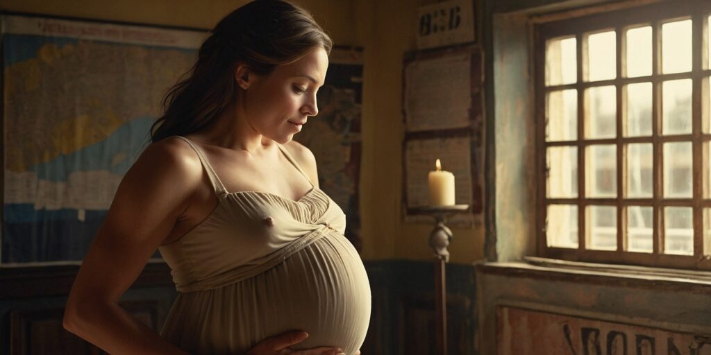 Une femme enceinte debout, souriante, tenant son ventre et regardant son calendrier Une femme enceinte debout, souriante, tenant son ventre et regardant son calendrier