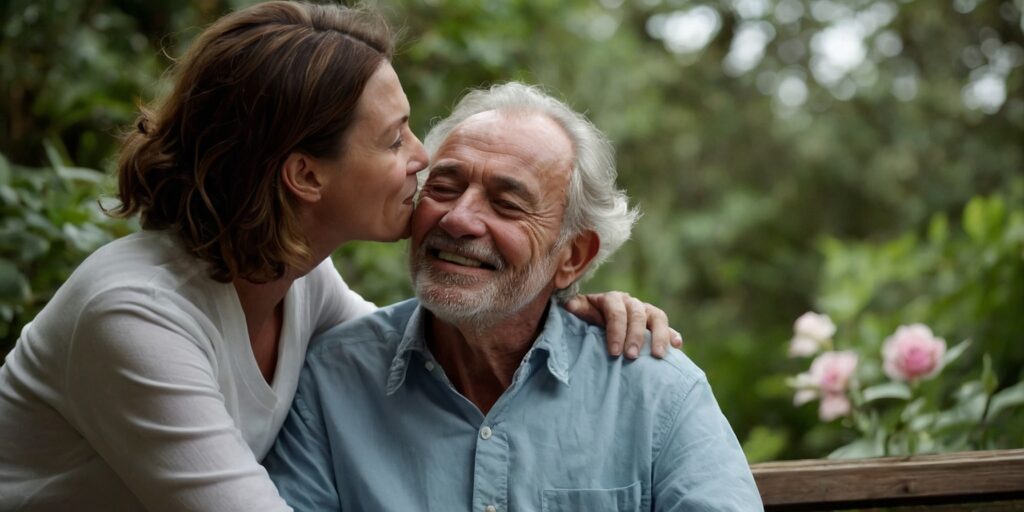 Une aidante souriante en interaction avec une personne âgée dans un contexte de soins à domicile.