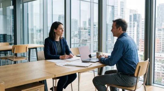 Entretien d'embauche entre candidat et recruteur dans bureau contemporain avec vue sur skyline urbaine